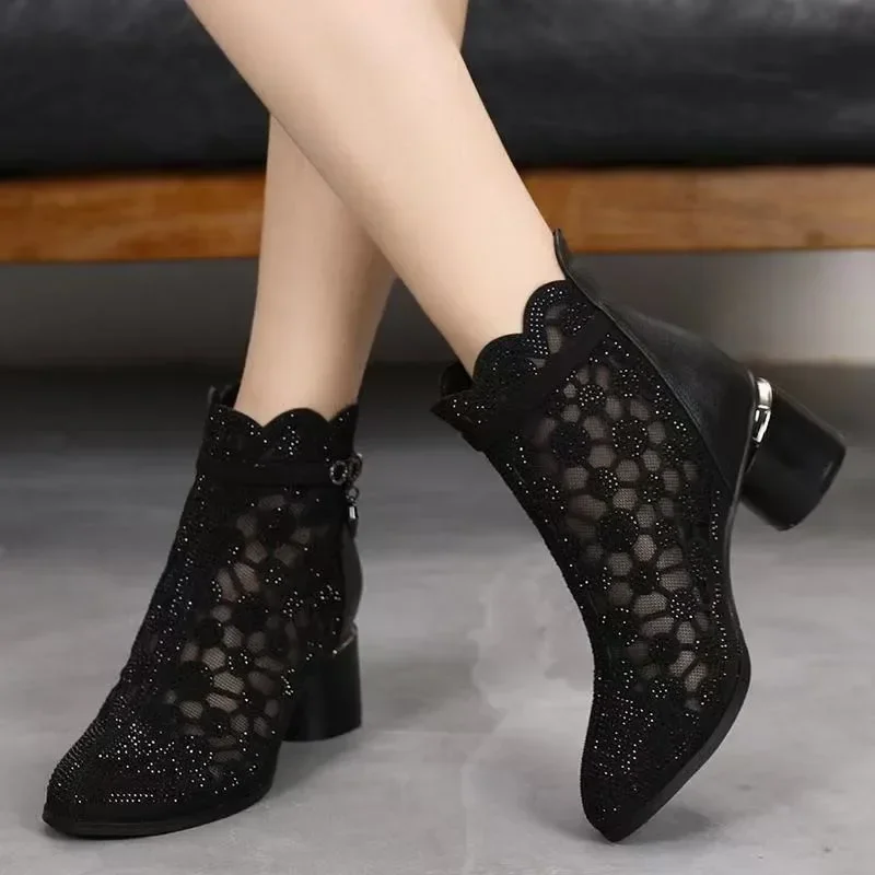 Women Leather Mesh Boots  Rhinestone Summer Shoes Pointed Toe Ankle Botas Thick Heel Hollow Out Back Zip 2024