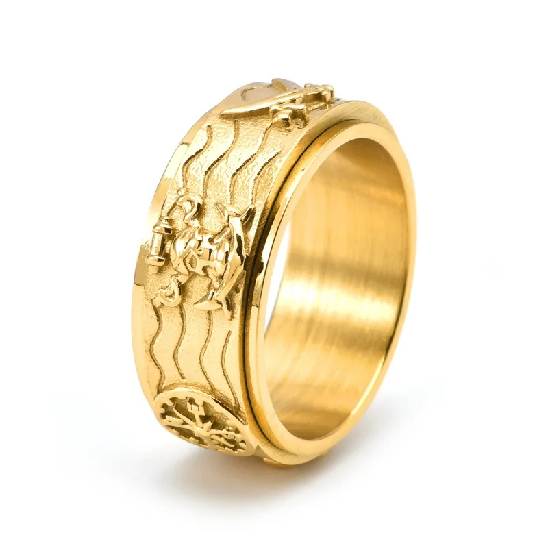 Titanium Steel Spinner Ring for Men Pirate Ship Anchor Compass Design Rotating Steampunk Jewelry with Antique Rope Texture