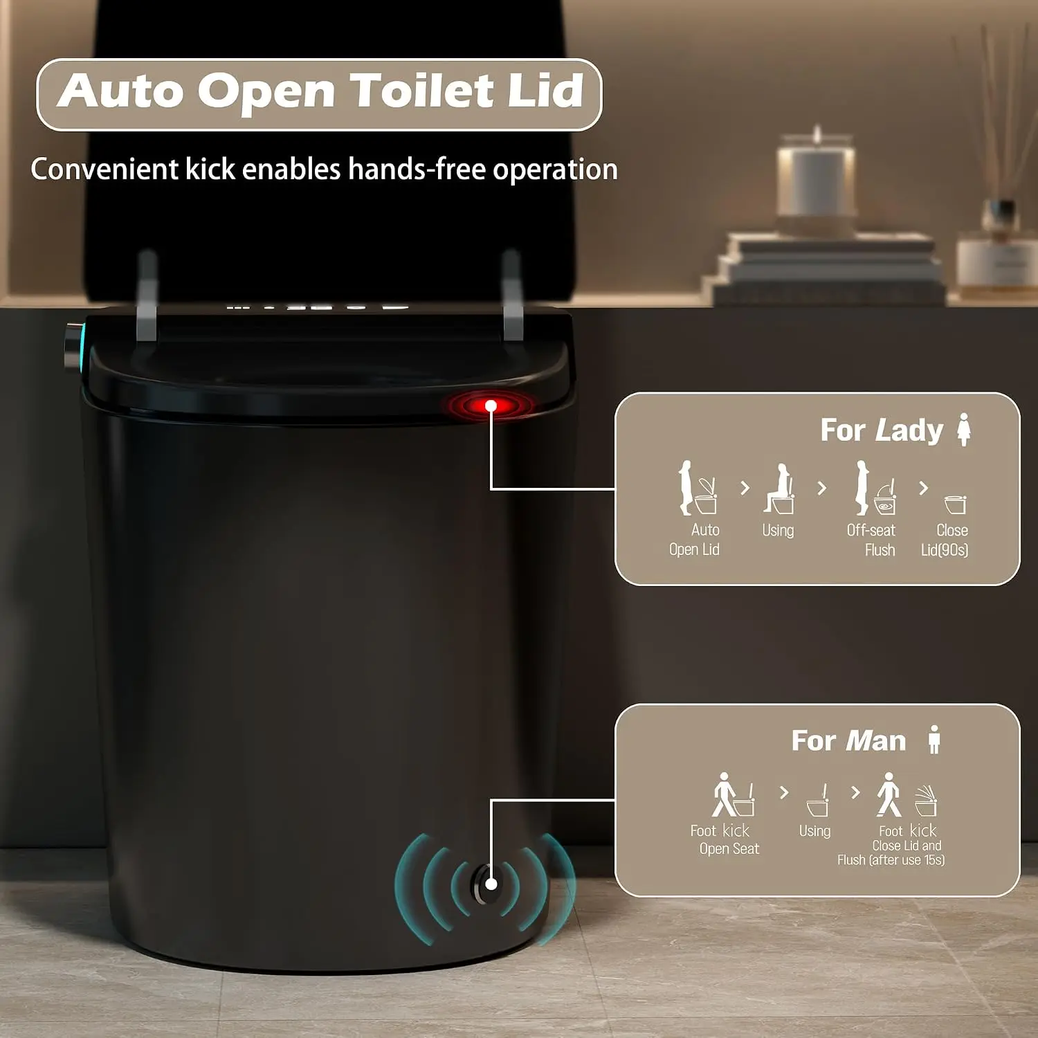Smart Toilet with Bidet Built in, ADA One-Piece Toilet Auto Open/Close & Flush, Heated Seat, Front & Rear Wash, LED, Customized