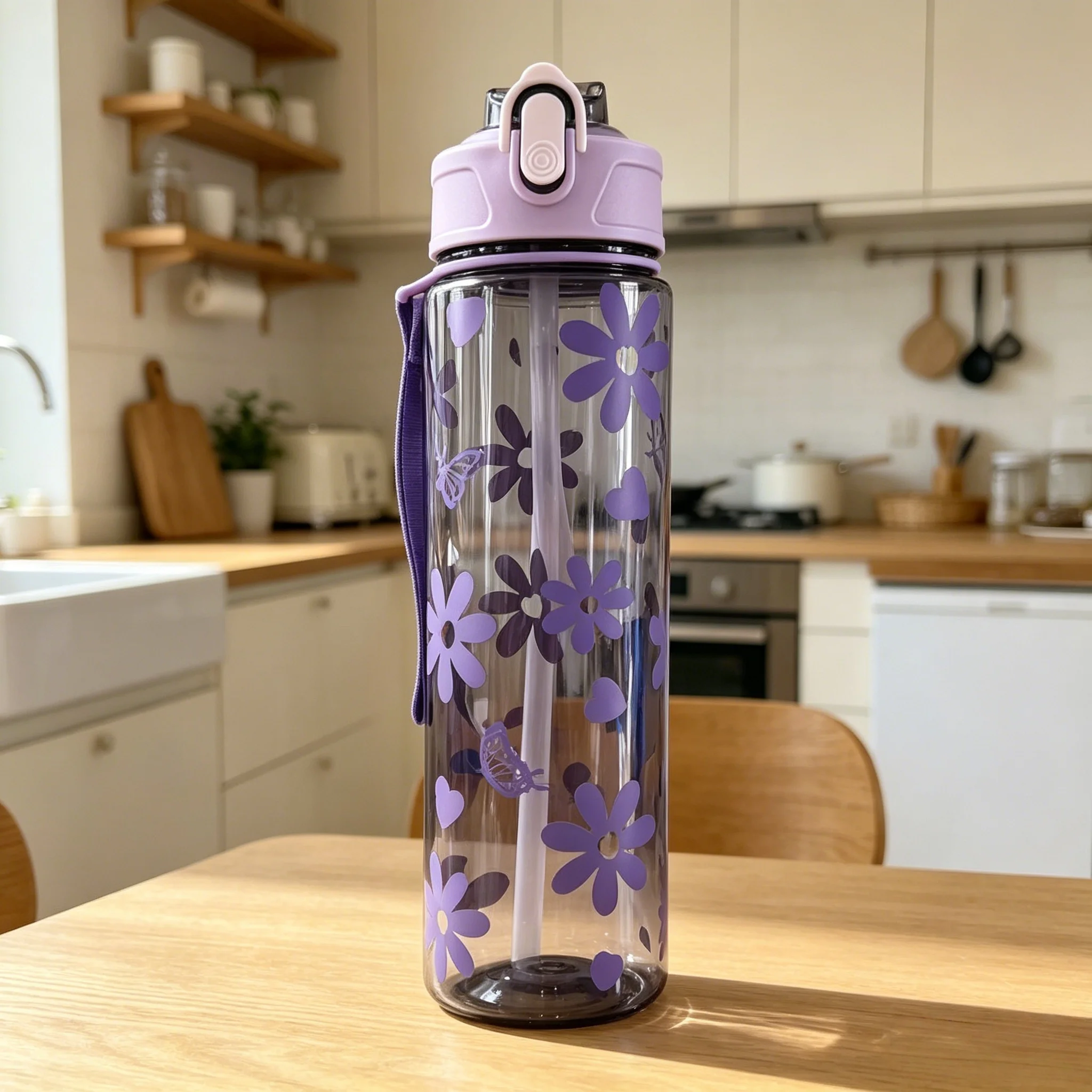 Water Bottle with Full Print of Flowers and Bowknot Patterns, Trendy & Stylish, Lightweight with Portable Lanyard, Durable image 3