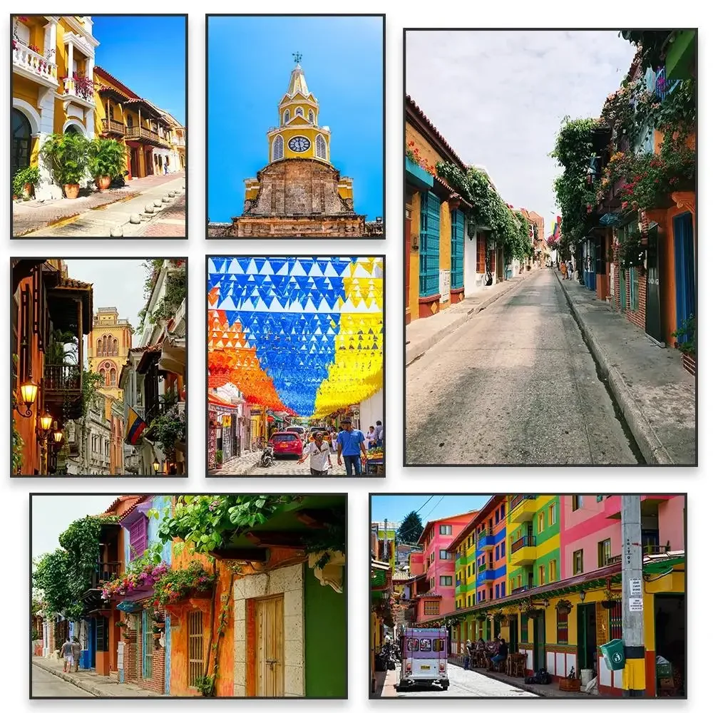 Cartagena de Indias, lienzo colorido estampado de calle, arte de pared de paisaje de viaje de Colombia vibrante para decoración de sala de lectura de oficina