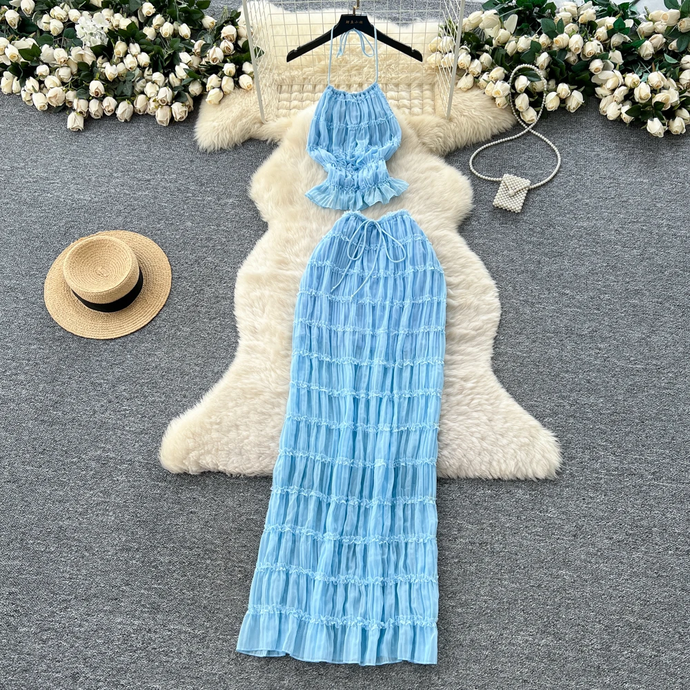 

Винтажная элегантная корейская модная женская одежда без рукавов с лямкой на шее, осенние платья, комплект из двух предметов