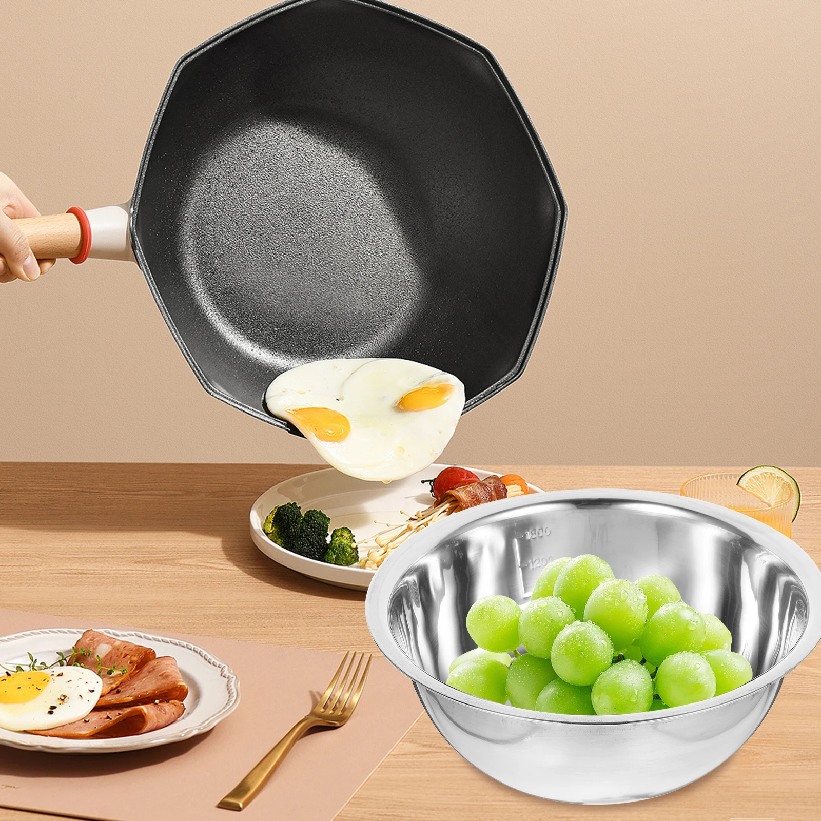 

5pcs Stainless Steel Bowls Large Mixing Basin Scale for Salad Dough Egg Baking Kneading Kitchen Container Round Metal Bowls