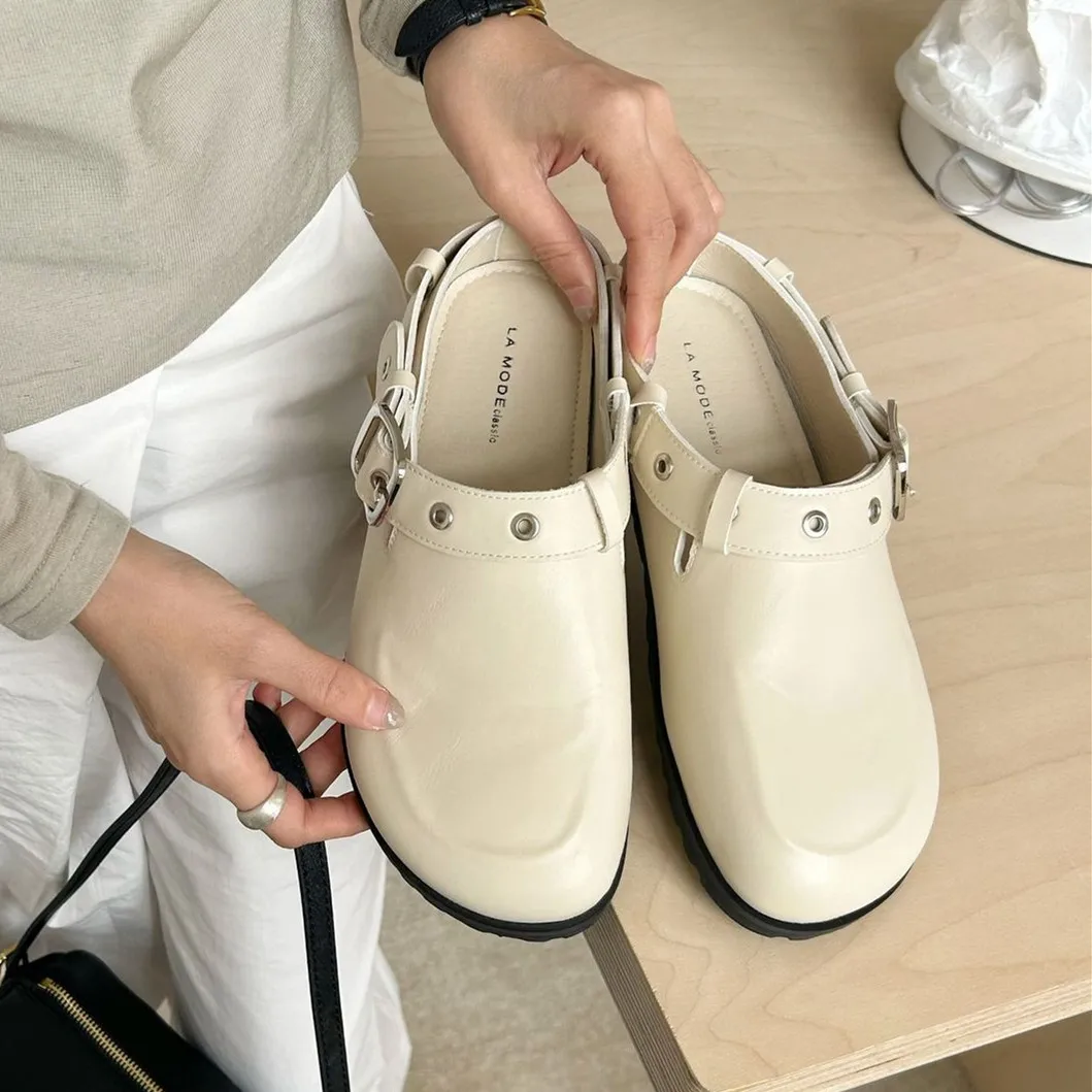 

IPPEUM Women Mules Flat Shoes 2025 New Summer Black PU Leather Slippers Flats de Mujer