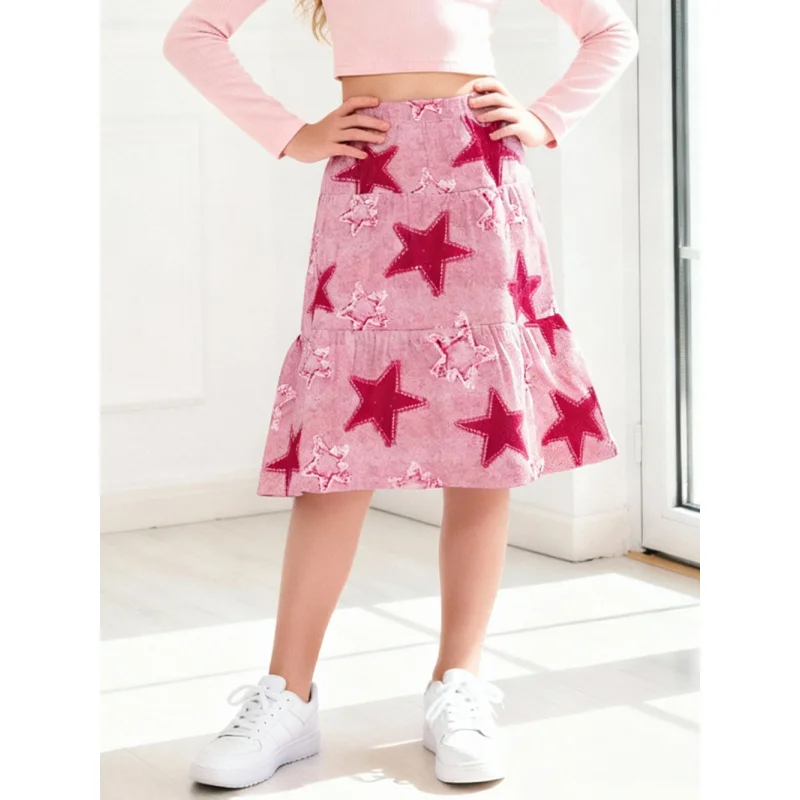 تنورة متوسطة الطول للفتيات بطباعة نجوم لعام 2026 - تنورة قصيرة وردية اللون بحاشية مكشكشة على شكل حرف A، تنورة أطفال عصرية غير رسمية لملابس اليومية والحفلات #5