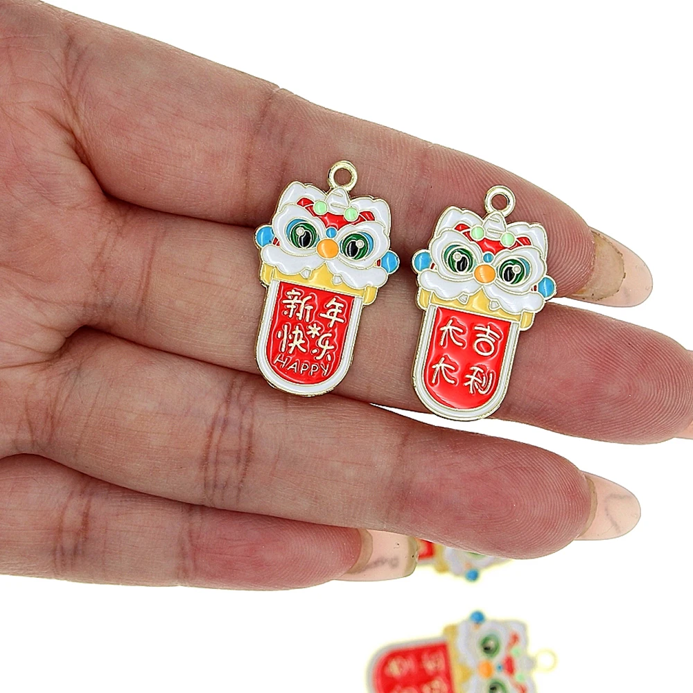 10pcs/Lot Chinese Dragon Happy New Year Spring Holiday Lion Wealth Health Oil Enamel DIY Charms for Bag Earring Necklace Jewelry