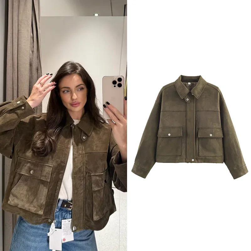 

NERHEFZ Women's Brown Suede Jackets Casual Loose Lapel Zipper Pockets Long Sleeve Female Coats 2025 Autumn Lady Commute Outwear