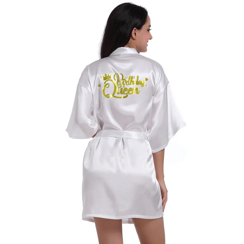 Wholesale Birthday Queen Gold Glitter Letter Women\'s Robes Silky Kimono Nightgown Bathrobes Dressing Gown T136