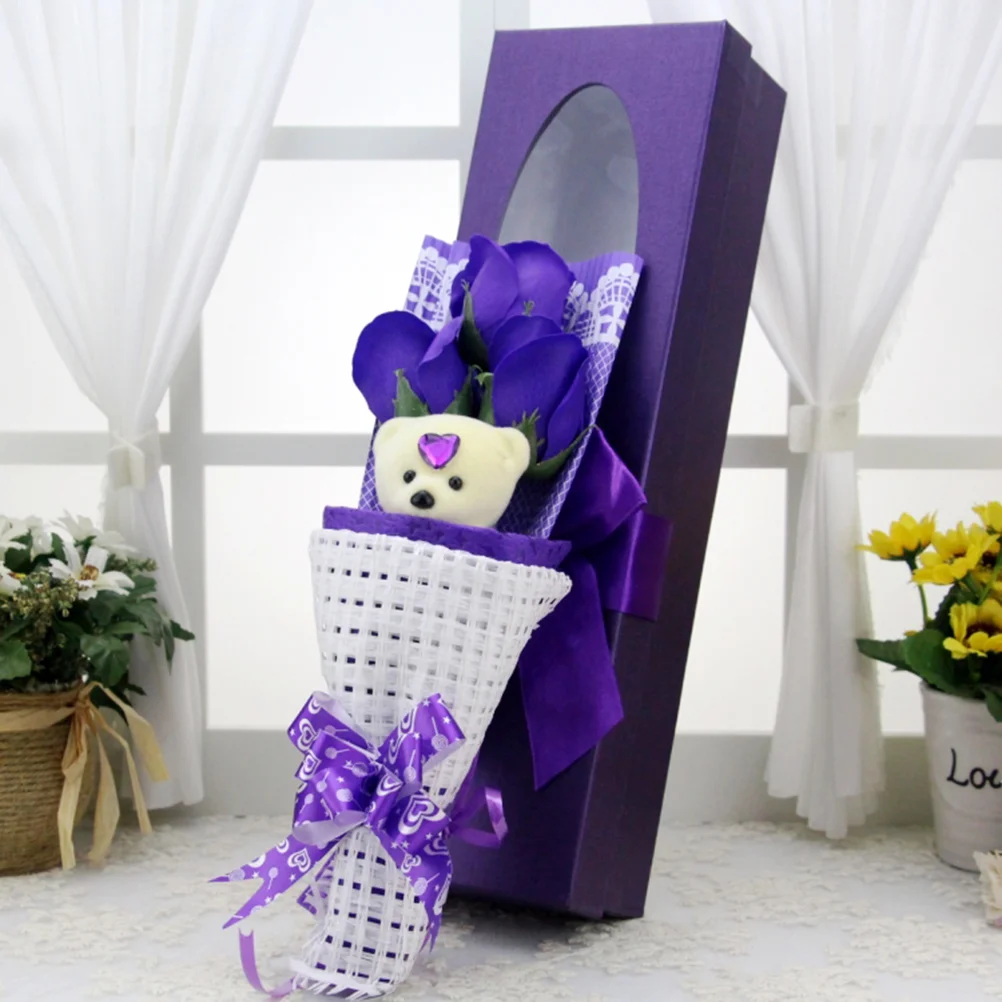 

Soap Flower Bouquet Gift Simulation Arrangement Box 3 Roses Bear Gift Box Novelty Gifts(Random Color)