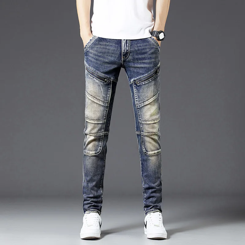 High-End Men's Vintage Jeans Street Tide Brand Personality Zipper Slim Fit Patchwork Stretch Retro Motorcycle Long Pants