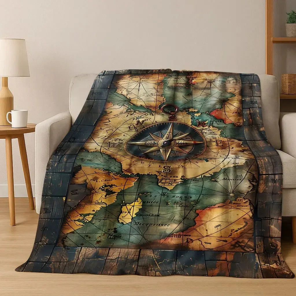 Retro Nautical Map Chart Treasure Map Compass Flannel Blanket,Cozy Soft Throw Blanket for Home Bedroom Bed Sofa Cover Gift Kids