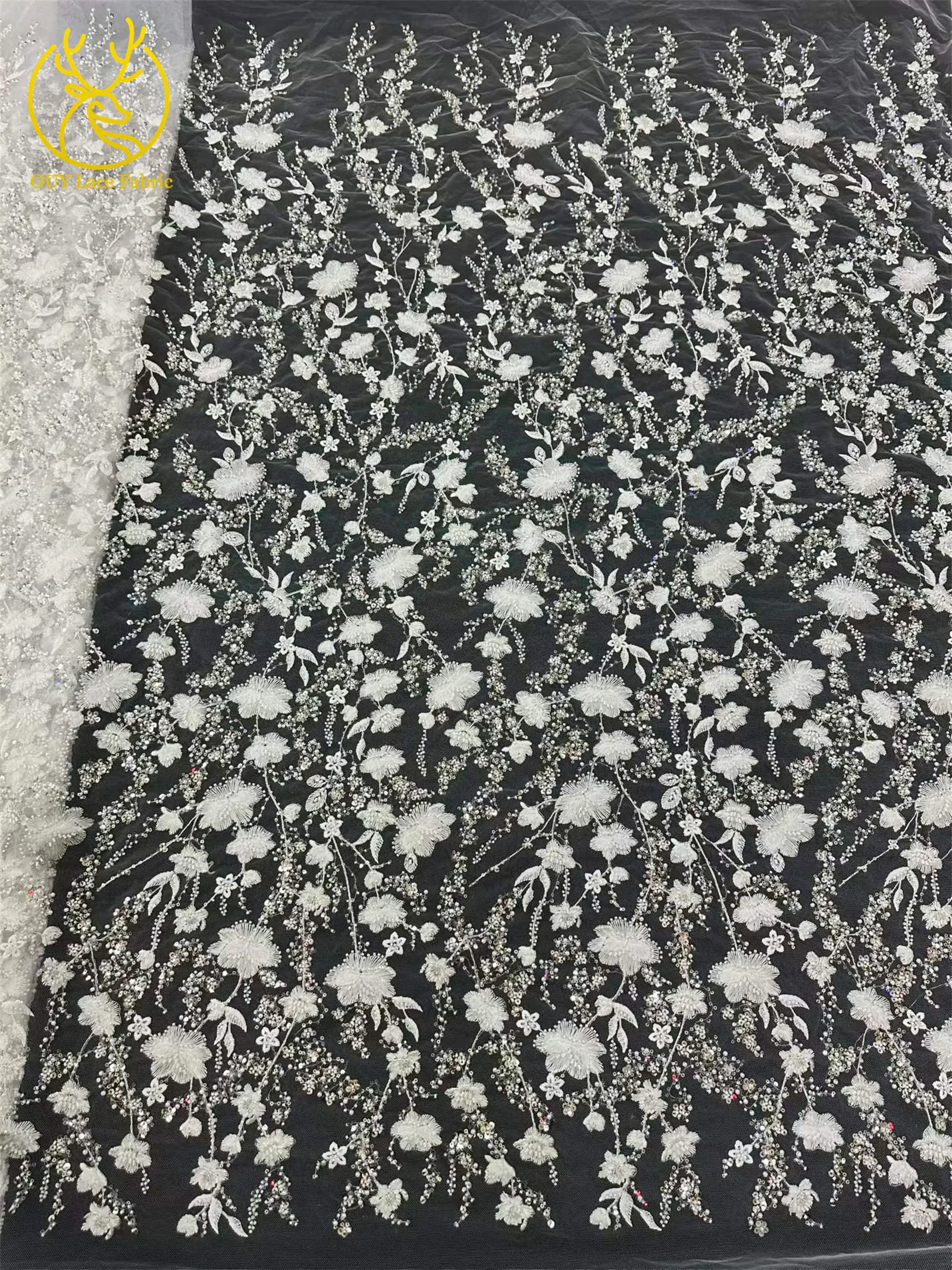 Weißer nigerianischer 3D-Blumen-Stickerei-Mesh-Spitzenstoff, 5 Yards, afrikanischer Spitzenstoff mit Perlen und Pailletten für Hochzeitskleider und Partykleider zum Nähen – Detail 6