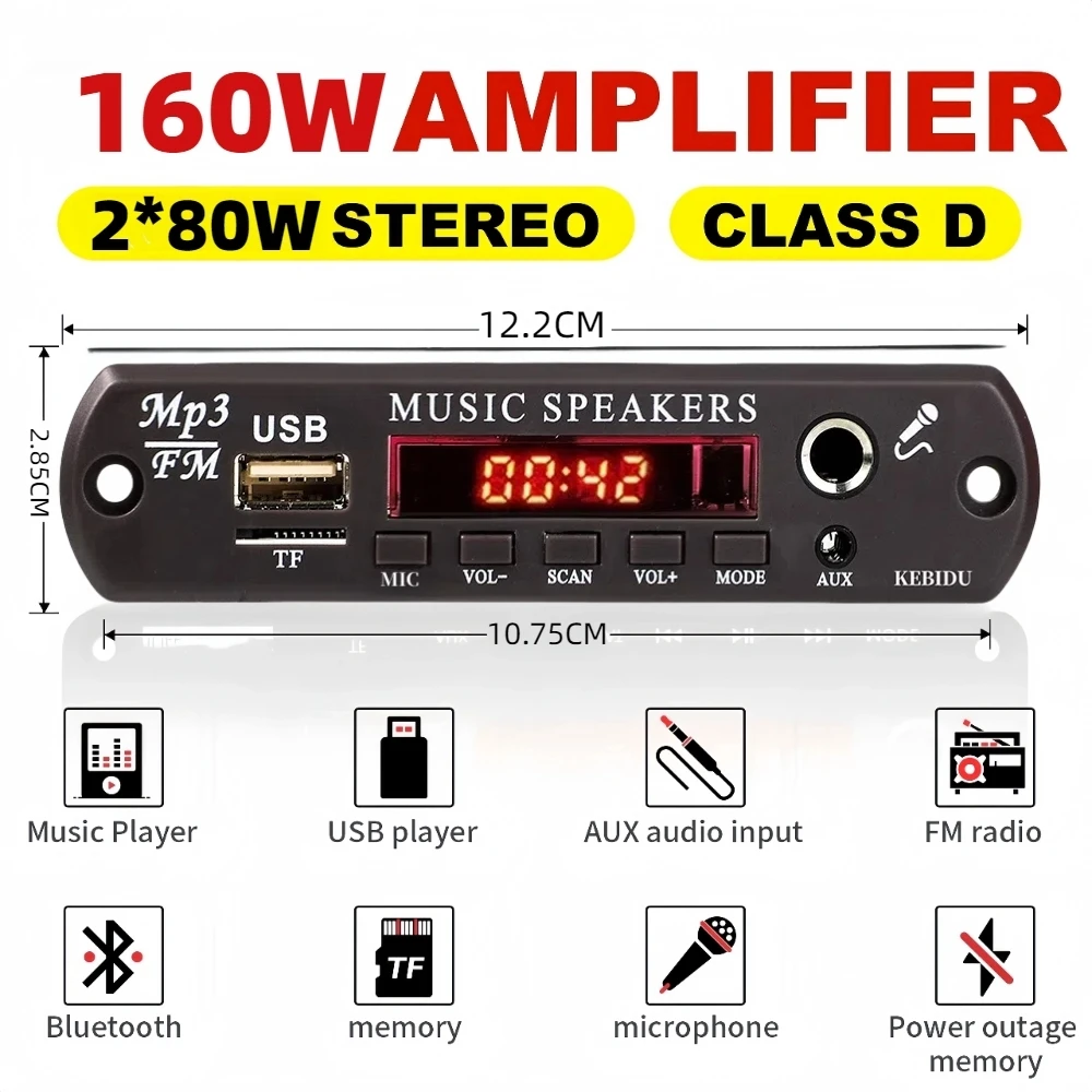 

Bluetooth 5.3 MP3 Decoder Board 160W 80W Amplifier Microphone Audio Player 12V DIY MP3 Player Car FM Radio TF USB Record Call