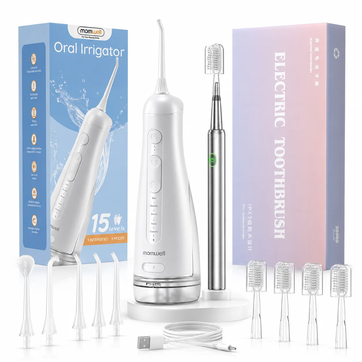 

Mornwell Portable Water Flosser & Electric Toothbrush Combo, Rechargeable Oral Care Set, Deep Clean Teeth, Remove Plaque Kit