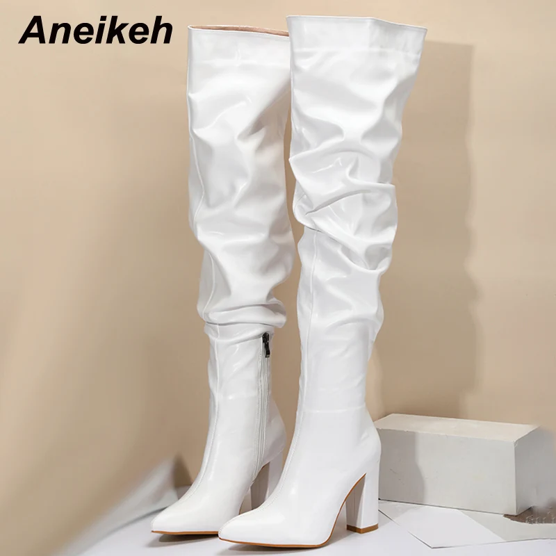 Aneikeh New Design White Pleated Leather Over The Knee Boots Fashion Runway Thick High Heels Sexy Pointed Toe Zip Womans Shoes