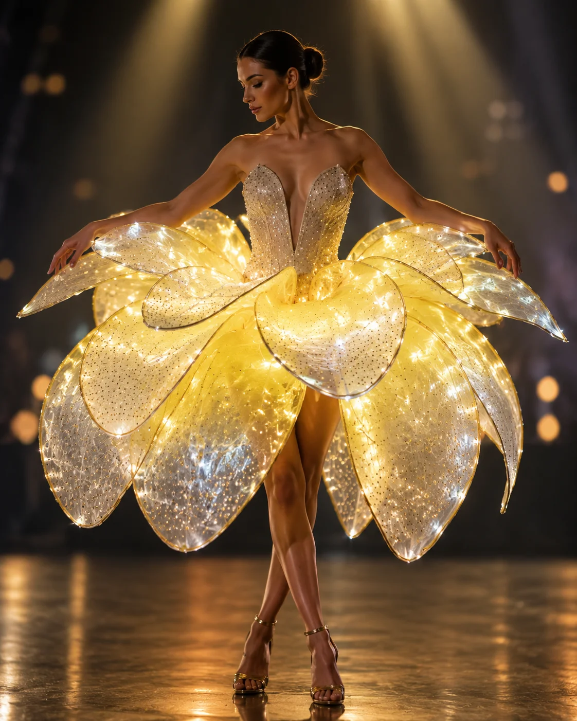 Yellow Pink Full Color LED Petal Skirt Flower Opening Dance Costumes Big Swing Blossom Modern Dance Performance Dress