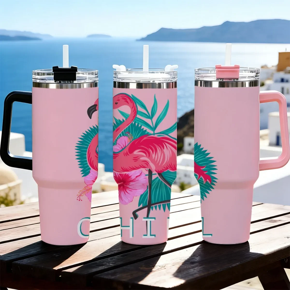 40oz Pink Flamingo Tropical Hibiscus Leaf Chill Print Stainless Steel Tumbler With Handle Straw Lid 24 Hours Cold Insulated Travel Water Cup