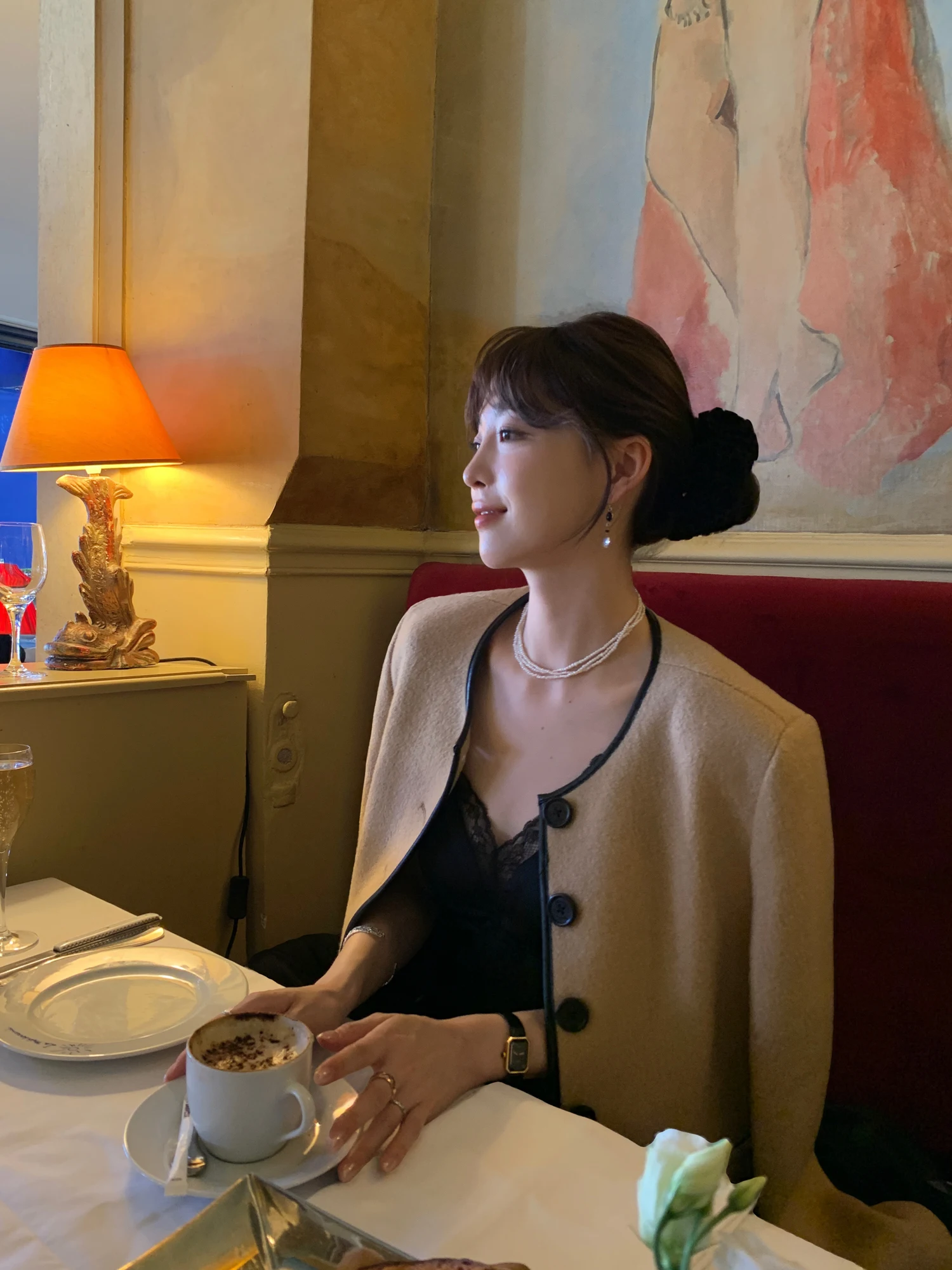 Le Lalin クラシック ショート ウール ブレンド レザー パッチワーク ラウンドネック ショルダーレベル アウター フレンチ スタイル ストレート カット レディース コート