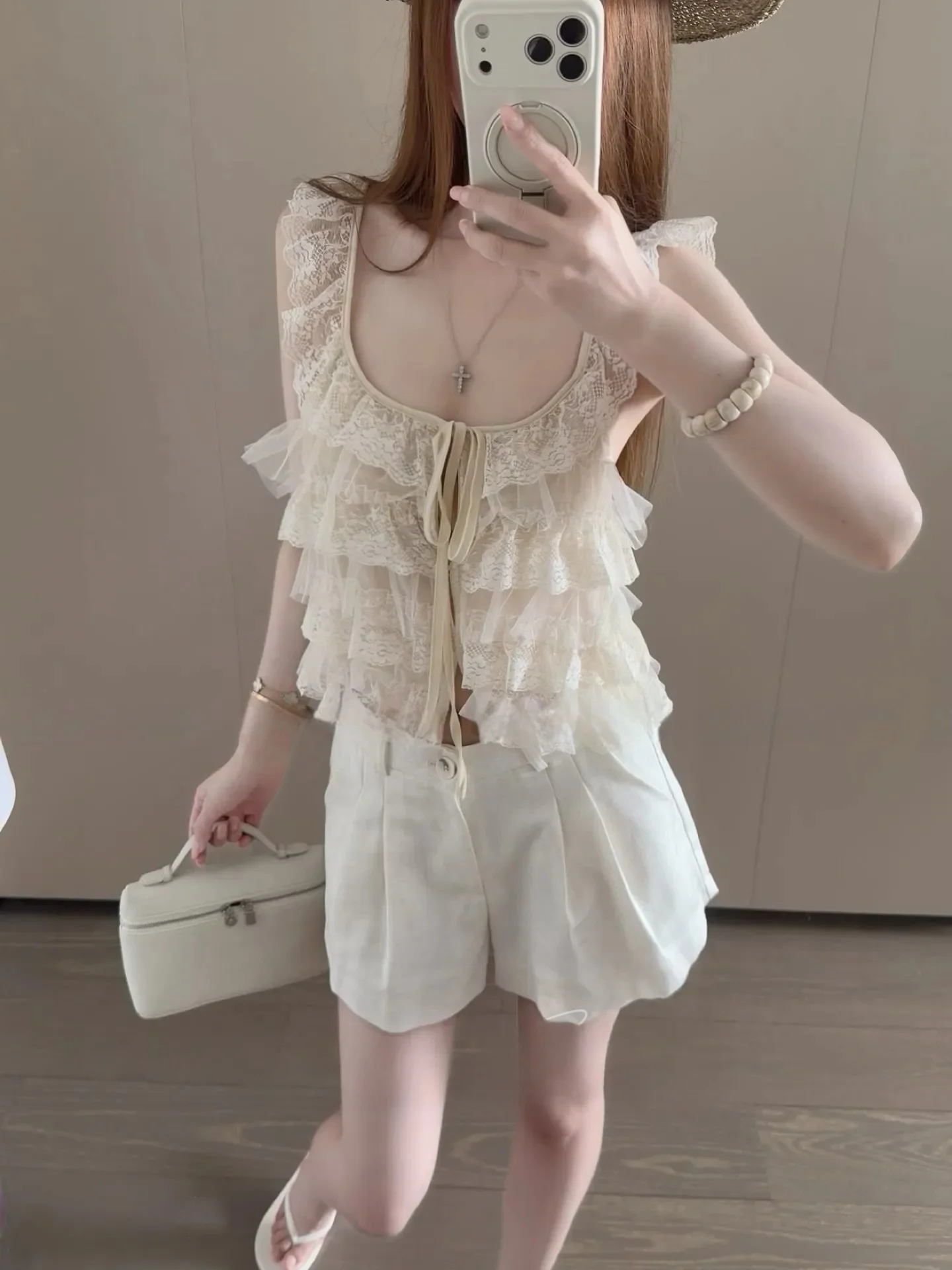 

White Lace Trim Belted Vest Slimming Shorts Casual Style Versatile Simple Design Summer Fashion Set Women's No Brand Shorts