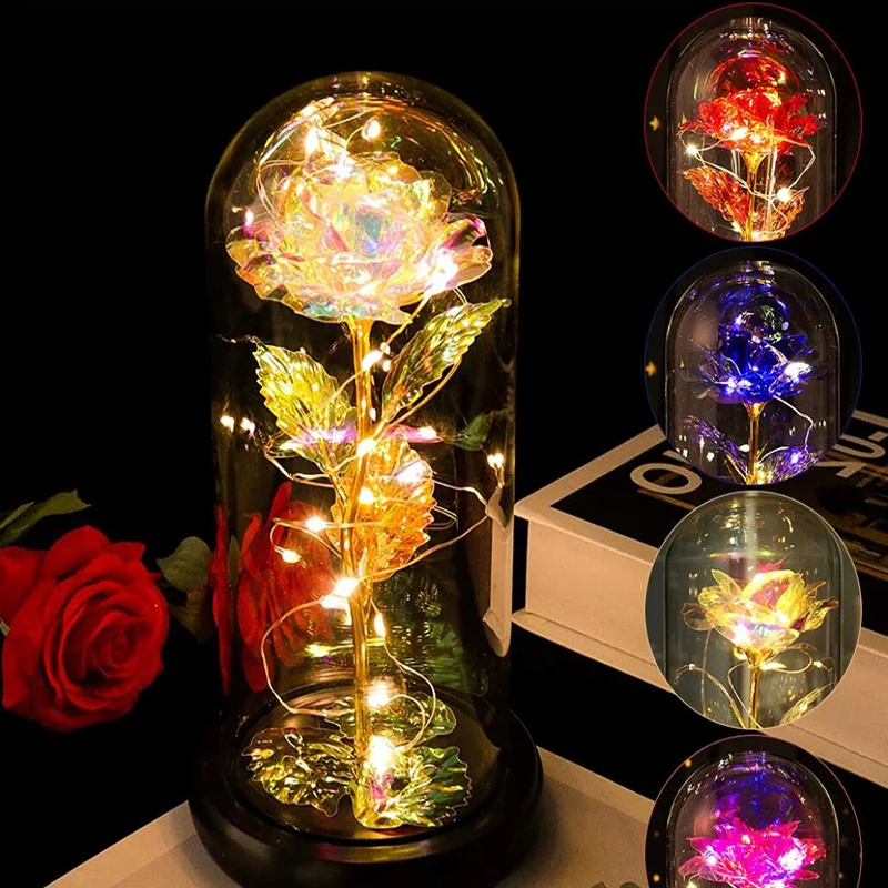 Artificial Eternal Rose LED Light Night Light Beauty In Glass Gold Foil Flower Valentine\'s Day Gift Enchanted Rose Fairy Lights