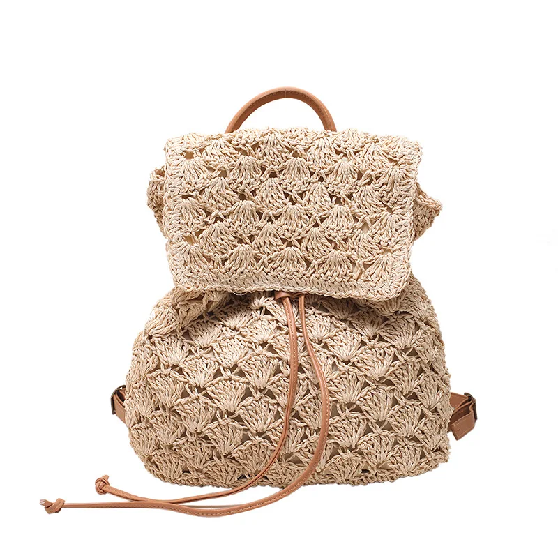 Straw Backpack for Women Design Casual Woven Rattan Travel Bagpack Beach Holiday Style Female Knit Drawstring Korean Rucksack