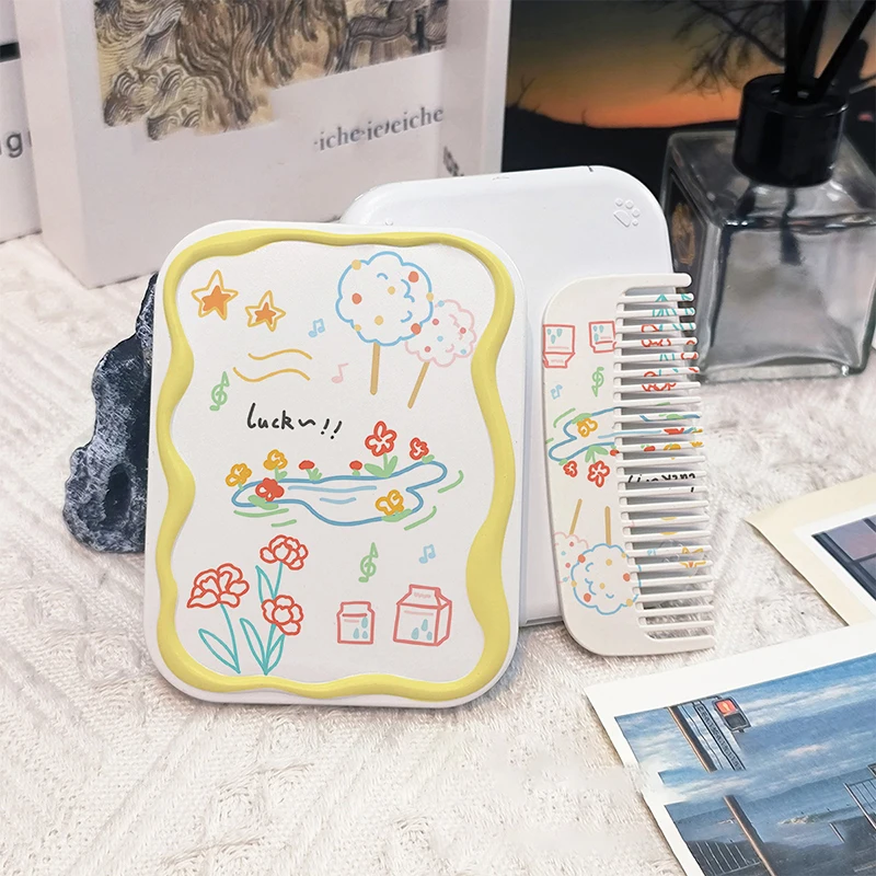 Clouds And Flowers Flip-Top Folding Makeup Mirror Portable Pocket Mirror Women Rectangle Cosmetic Make Up Mirror With Comb