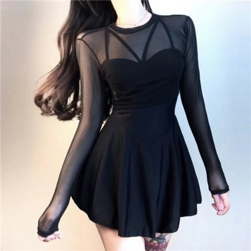 Push Up Sexy High Waisted Swimsuit Women Black Beach One-piece Swim Wear and Long Sleeve Mesh Blouse Cover Ups Y2k Bathing Suits