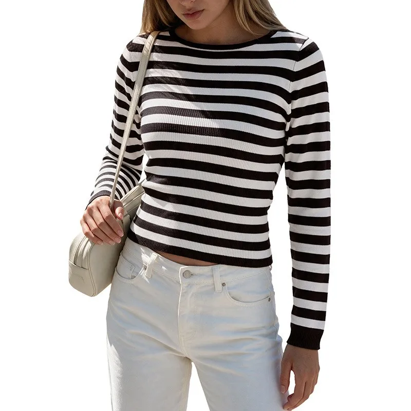 Long Sleeve Pullover Striped Regular Length Japanese Korean Casual with Autumn Boat Neck Regular Sleeve Loose Fit Women Sweater