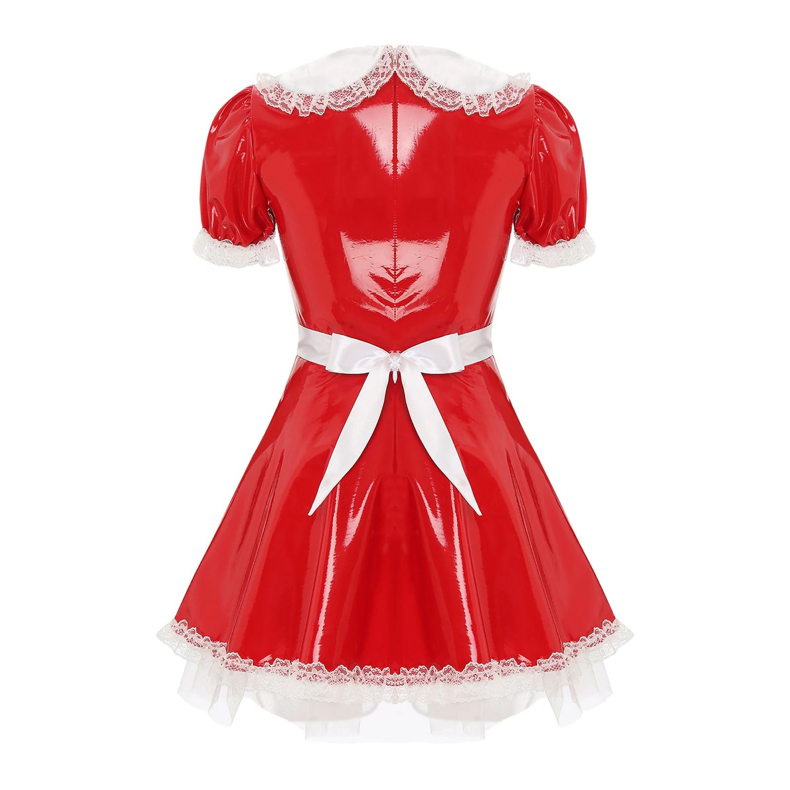 Womens Servants Cosplay Maid Dress with Apron Doll Collar Puff Sleeve Ruffle Lace Patent Leather A-Line Dresses Cosplay Costumes