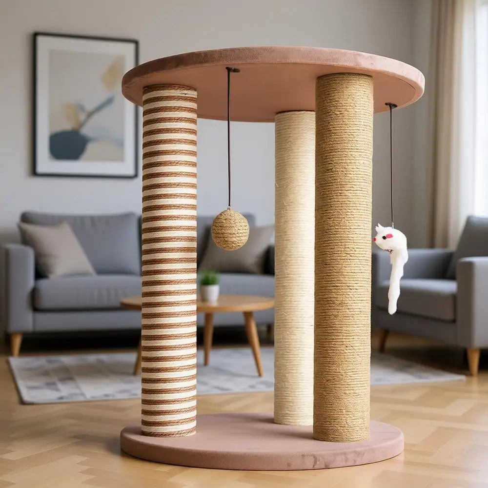 

Cat Scratching Post - 3 Scratcher Posts with Carpeted Base Play Area and Perch - Furniture Scratching Deterrent for Indoor Cats,