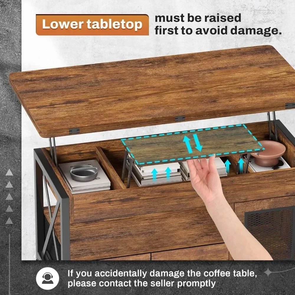 収納キャビネット付きリフトトップコーヒーテーブル、4 in 1コーヒーテーブル、2つのファブリック引き出しとLEDライト付きの小さな農家のコーヒーテーブル、40インチ