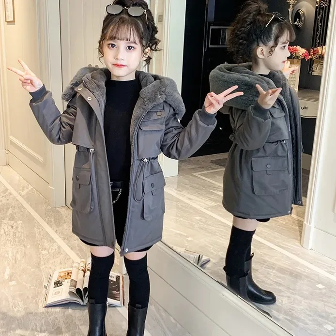 Girls Warm winter Coat Artificial hair fashion Long Kids Hooded Jacket for girls outerwear girls Clothes 4-12 years teens