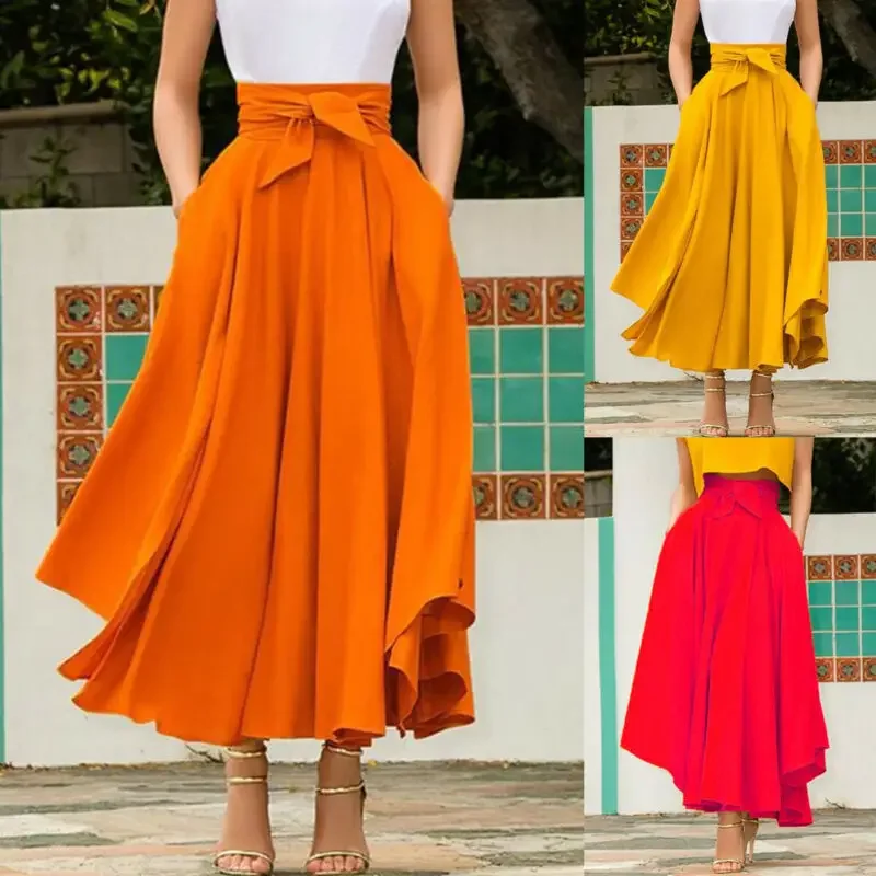 Brand New Boho Vintage Women Pleated Maxi Skirts High Waist Bandage Bownot Party Candy Color Ladies Elegant Pleated Maxi Skirt