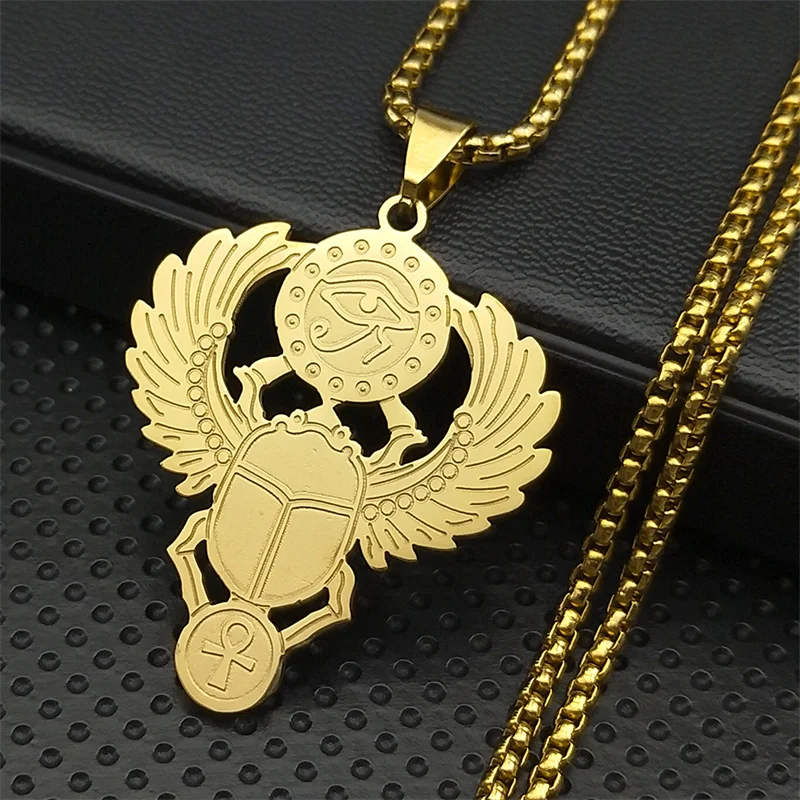 Egyptian Scarab Eye of Ra Horus Symbol Necklaces Stainless Steel Gold Color Ankh Key Of Life Necklace Jewelry collares N2336S01