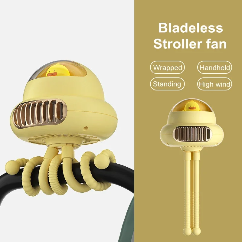 Portable Bladeless Stroller Fan USB Rechargeable Handheld Outdoor Air Conditioner Mute 4-gear Folding Air Cooler