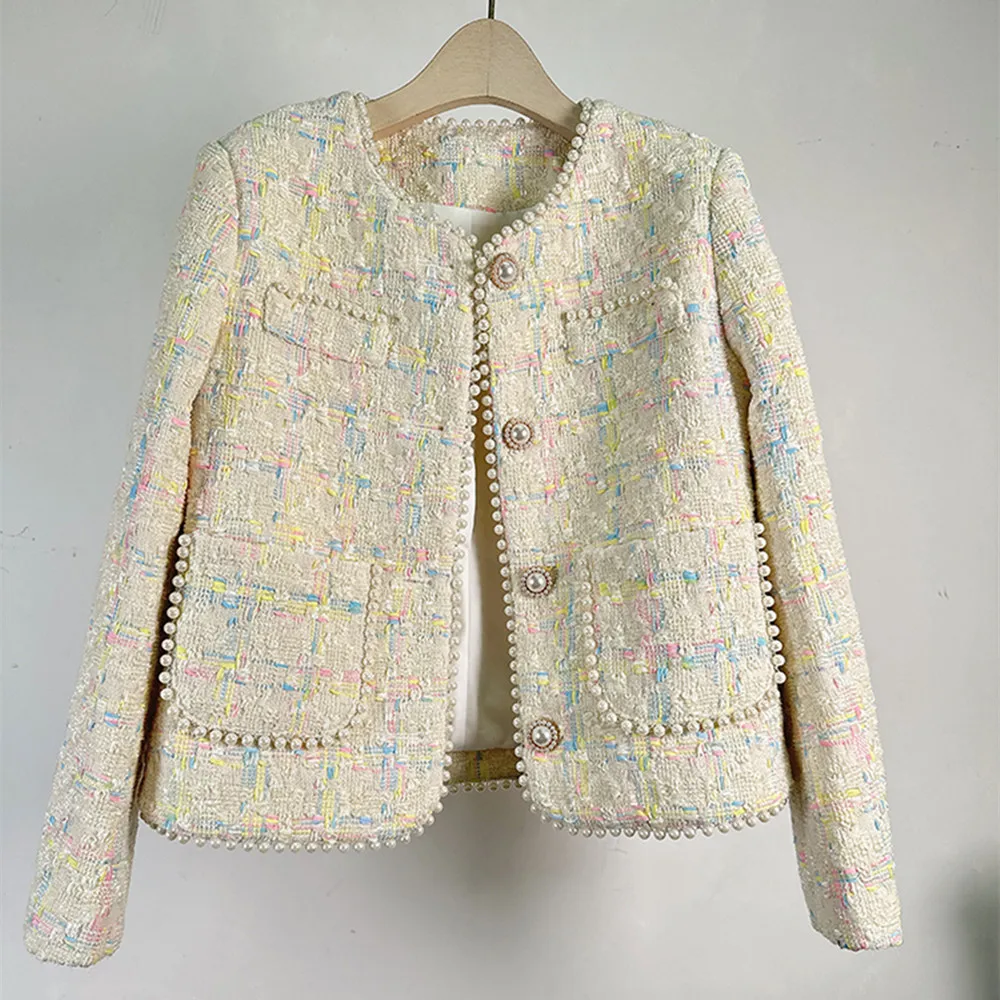 2024 Designer vintage beaded tweed short Cardigan Jacket Women's new autumn fashion luxury all-in-one jacket top Office