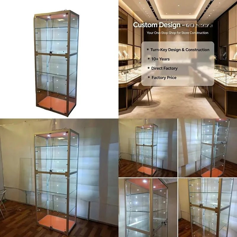 for Locked Glass Display Case with Gold Aluminum Frame and  Spotlight Luxury Retail Jewelry Stores