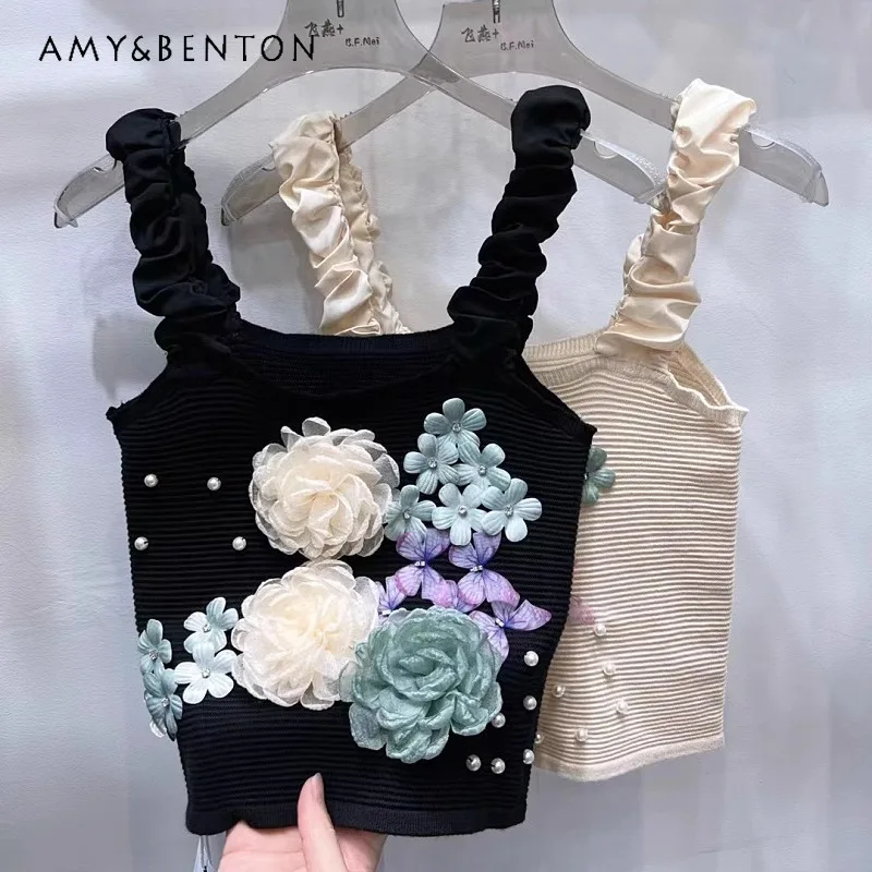 

Unique Design Black Slings Three-Dimensional Flower Decorative Camisoles Women's Elegant Slim Fit Knitted Blouse Y2k Top Female