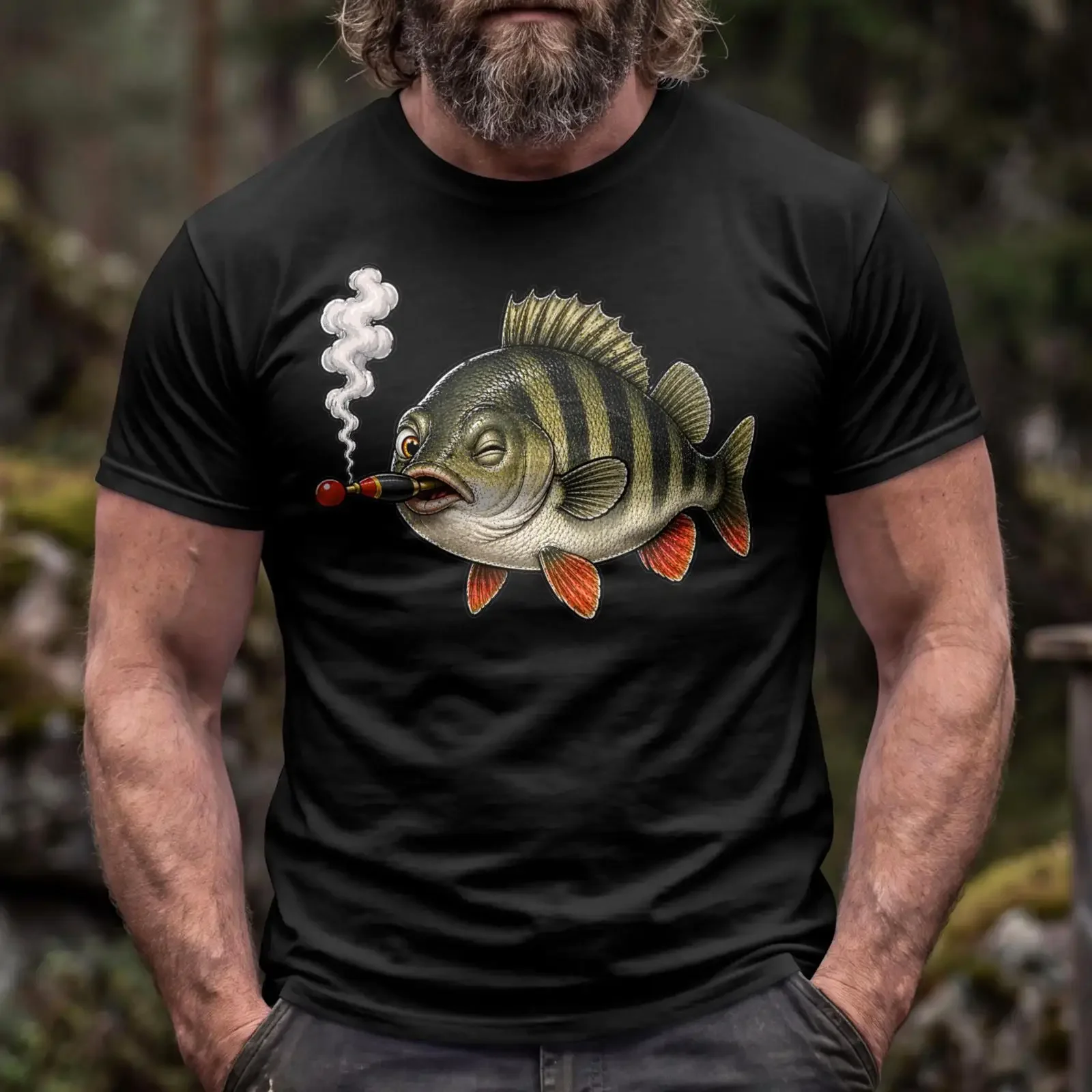 Funny Smoking Perch Fish T Shirt Angler Fishing Lover Outdoor Casual Heavy Cotton For Father's Day vintage Washed streetwear