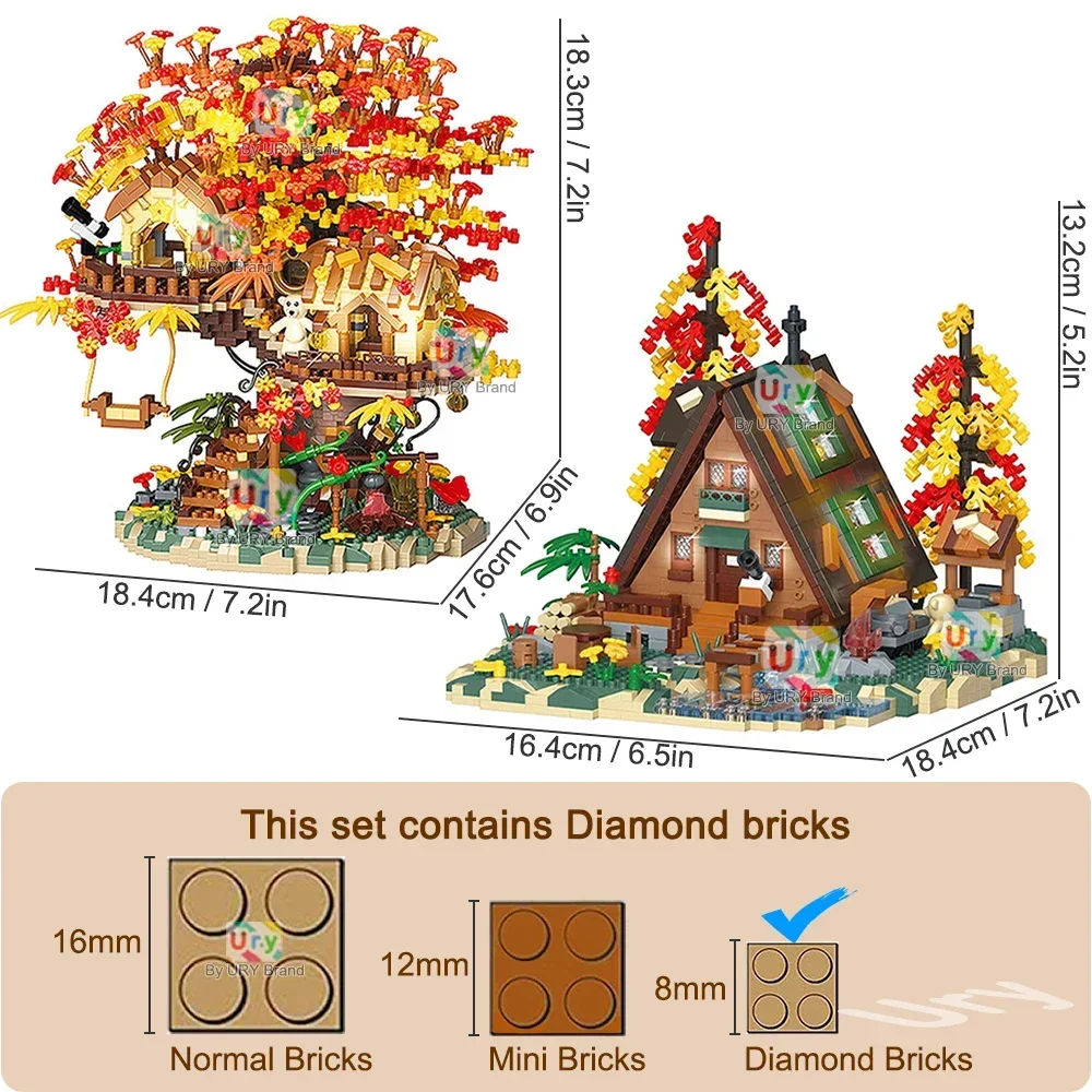 City Series Tree House A-Frame Cabin Garden Architecture With Light Autumn Maple Leaves Diamond Building Bricks Toy For Kid Gift