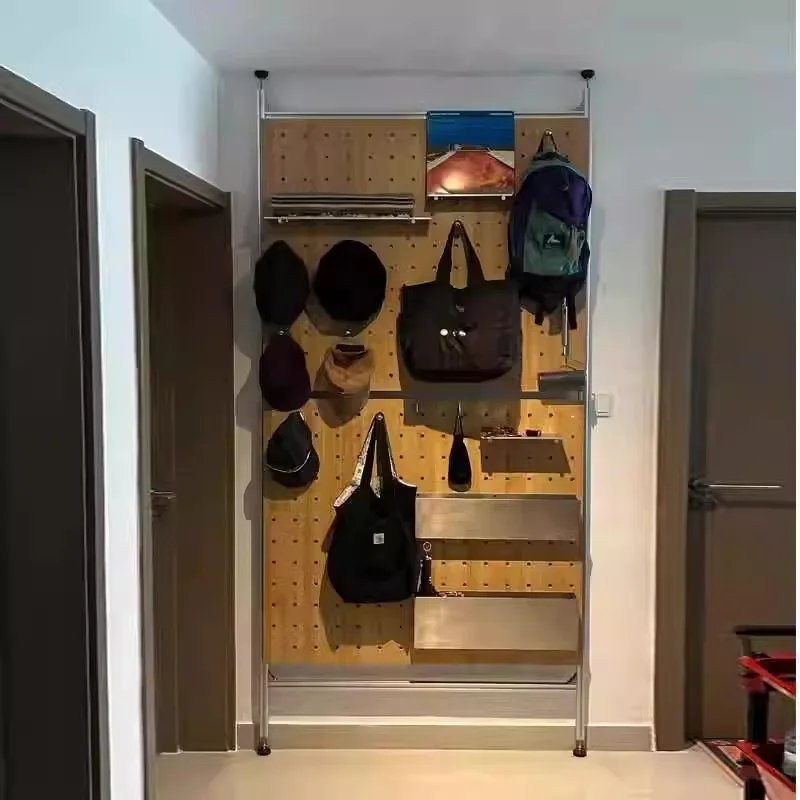 

Aluminum hole board solid wood wall rack living room baffle storage rack entrance creative storage rack