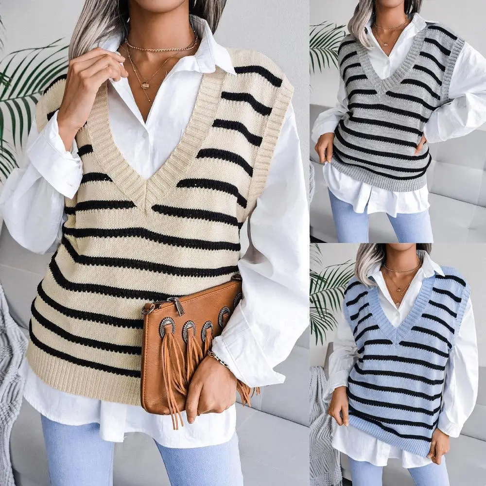 

Autumn Winter V-Ne Striped Casual Knitted Vest Sweater Independent Station Cross-Border Women's Faion No Brand Svel