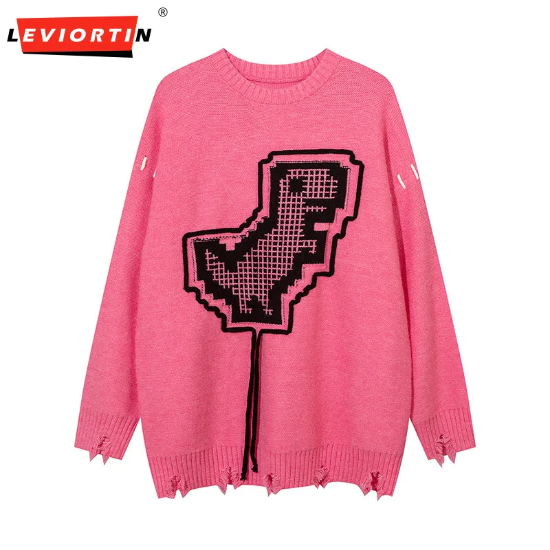 Hip Hop Ripped Sweater Grunge Streetwear Harajuku Knitted Funny Dinosaur Pullover Jumper 2024 Fashion Loose Distressed Sweaters