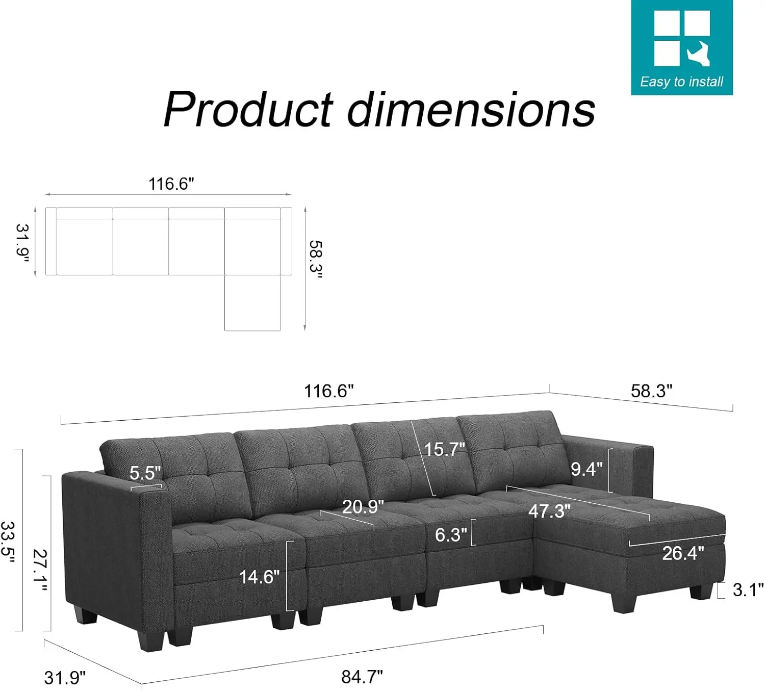 Convertible Modular Sectional Sofa Couch with Storage Seat Sofa Couch with Reversible Chaise Modular Sectional Fabric