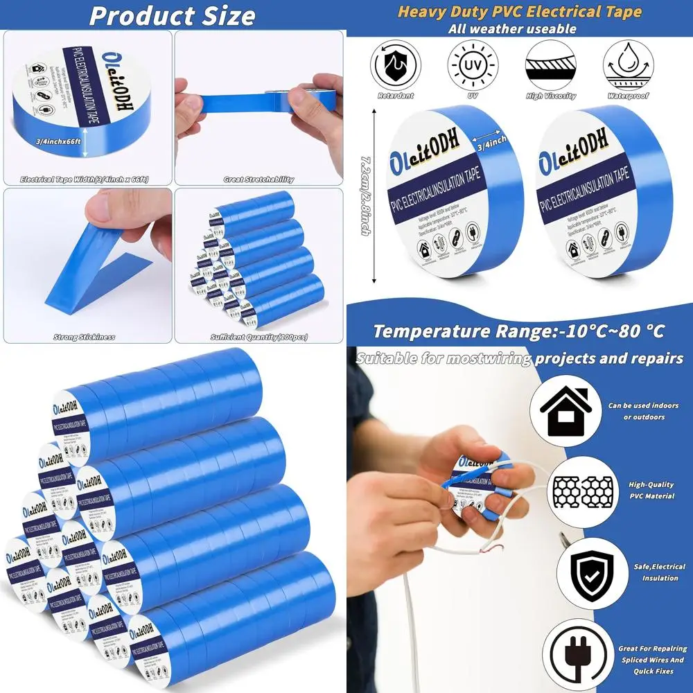

100 рулонов синей виниловой электроизоляционной ленты 3/4 x 66 футов - водонепроницаемая, высокотемпературная изоляция для домашнего и наружного использования, для профессиональной обмотки проводов