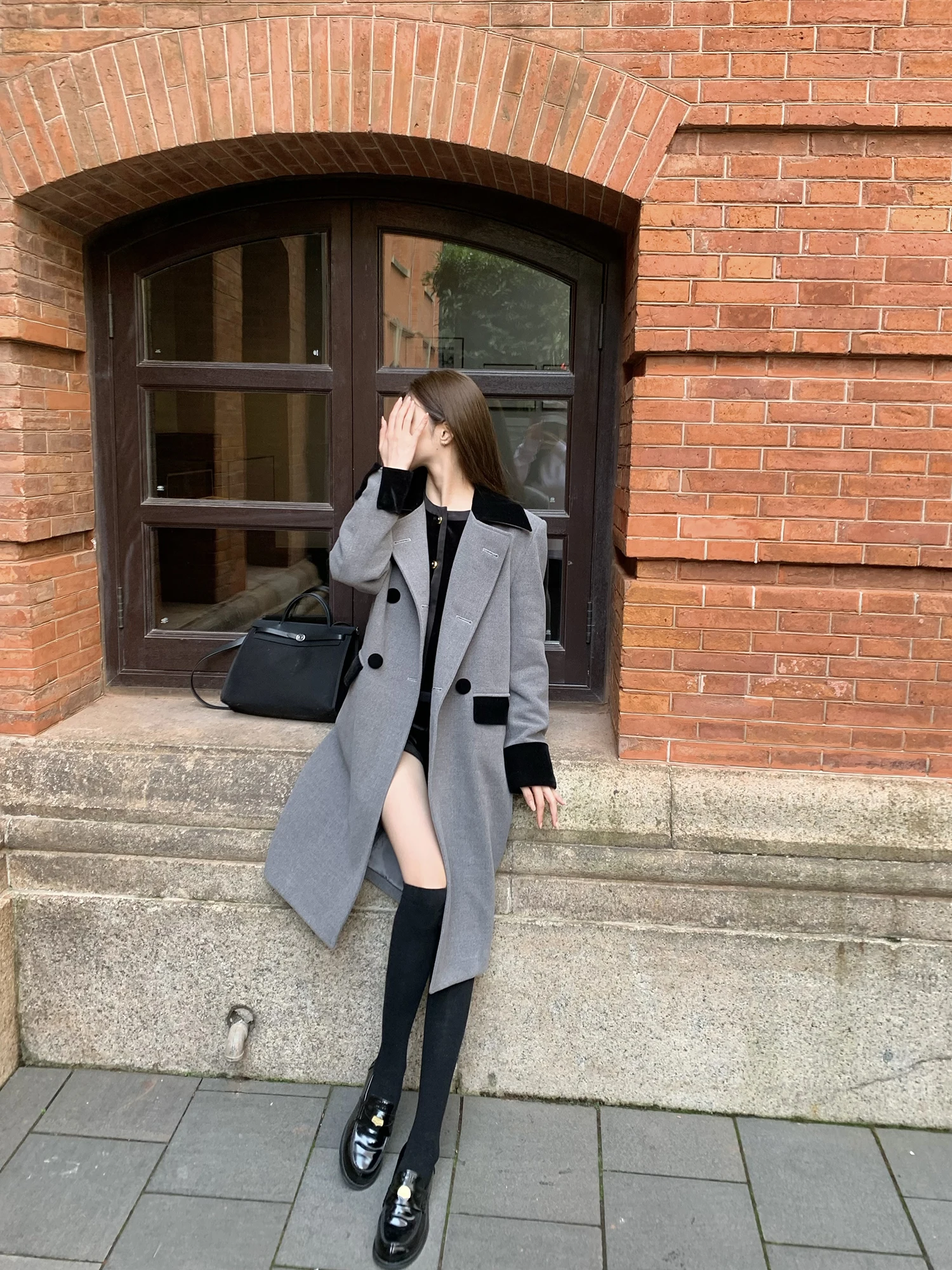 

Wuuus Velvet Patchwork Long Double-Breasted Woolen Coat Women's Winter New Sle Windbreaker Jaet Commute Suitable