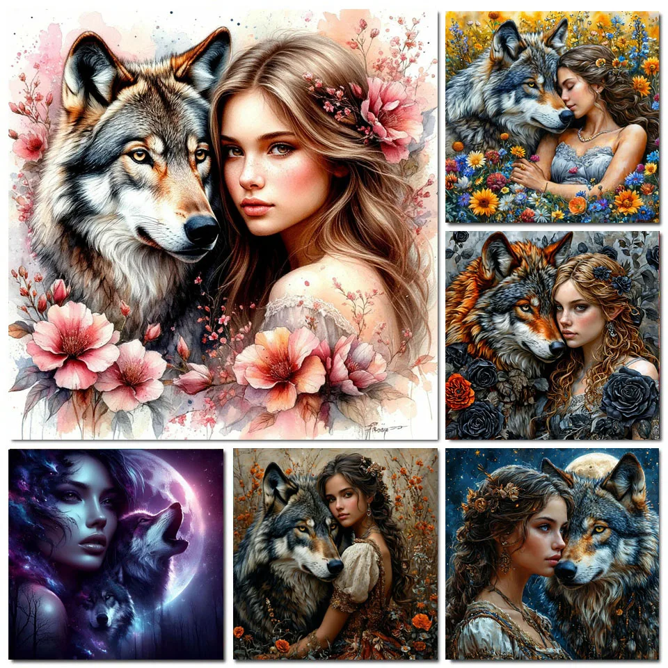

DIY Diamond Painting Cross Stitch Beautiful Flowers Elf Wolf Girl Diamond Mosaic Art 5D Rhinestone Embroidery Home Decoration