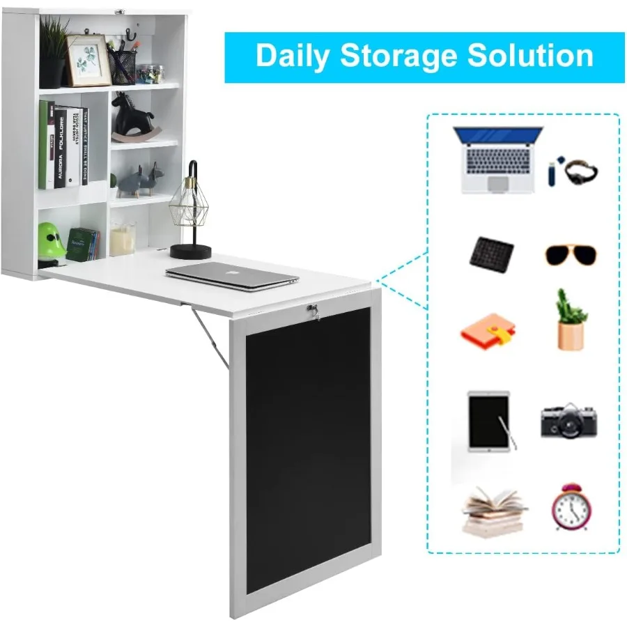 مكتب حائط قابل للطي يُثبت على الحائط مع أرفف تخزين وخطافات مكتب مخبأ مع مكتب زاوية عائمة على سبورة لـ