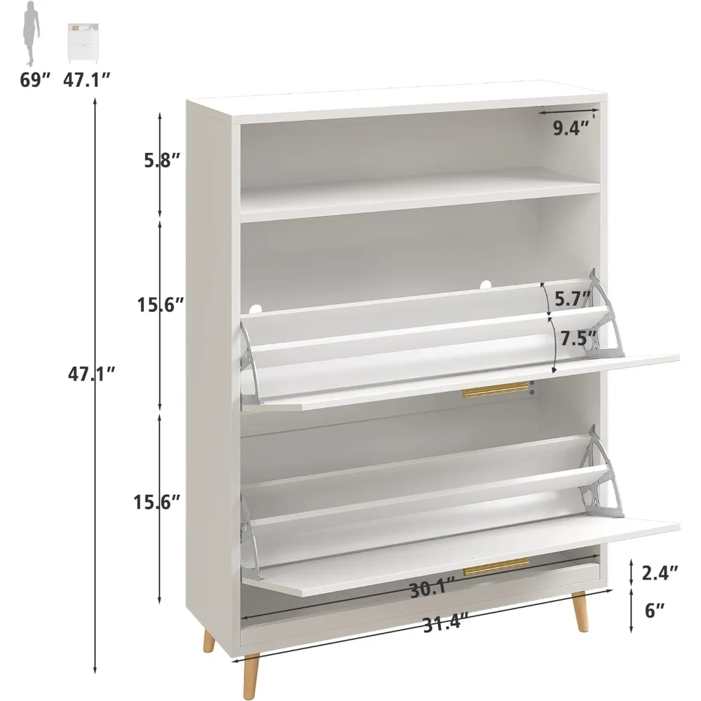 Shoe Storage Cabinet with 2 Flip Drawers, Freestanding Shoes Organizer Cabinet for Entryway, Narrow Shoe Rack Cabinet White