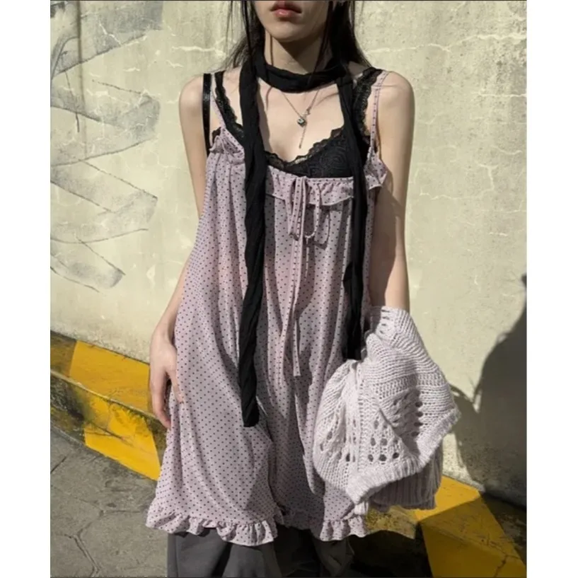 

Tee-Color Summer New Polka Dot Y2K Sle Ruffle Trim ter Ne Chiffon Skirt Korean Sle Cute Online Exclusive